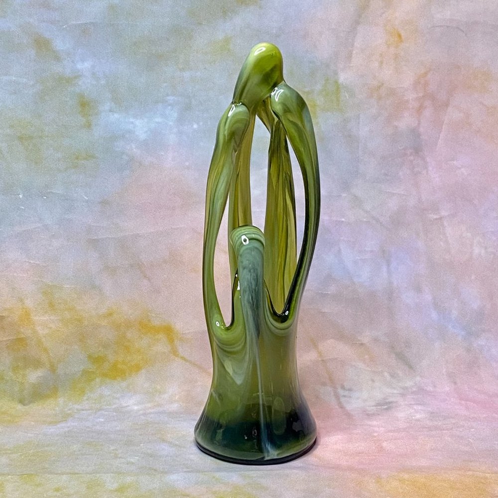 Hand Blown Green Art Glass Vase 7.5 in Tall Handmade Vintage